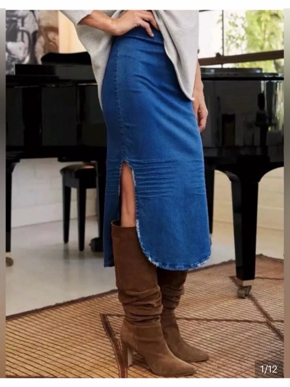 Frank & Eileen Blue Denim Midi Skirt with Side Slit